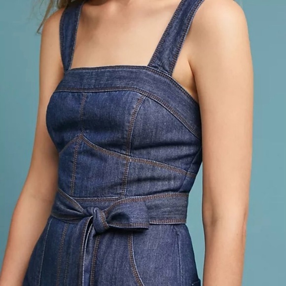 Anthro Pilcro Letterpress Wide Leg Overalls 6 Boho Hippie Belted Denim Jean - Picture 2 of 14